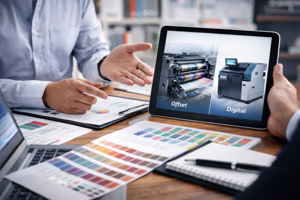 Imagen muestra dos personas decidiendo sobre impresión offset o digital.