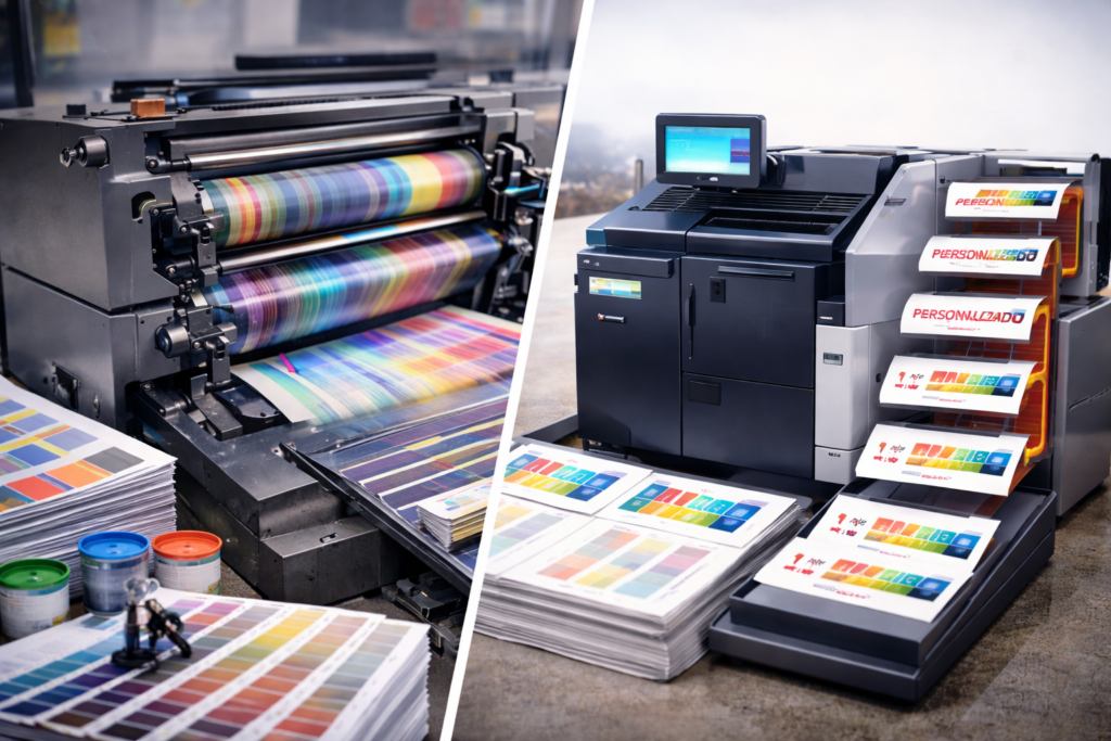 Imagen muestra dos equipos de impresión, uno offset y otro digital