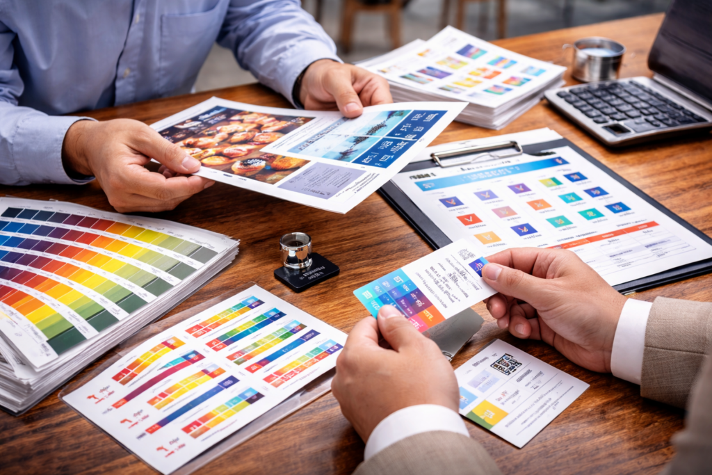 Muestra dos personas revisando materiales impresos para tomar una decisión.